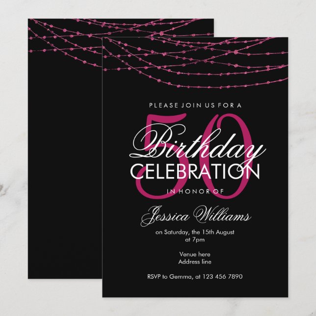 Invitación Luces rosadas glamorosas 50 cumpleaños (Anverso / Reverso)