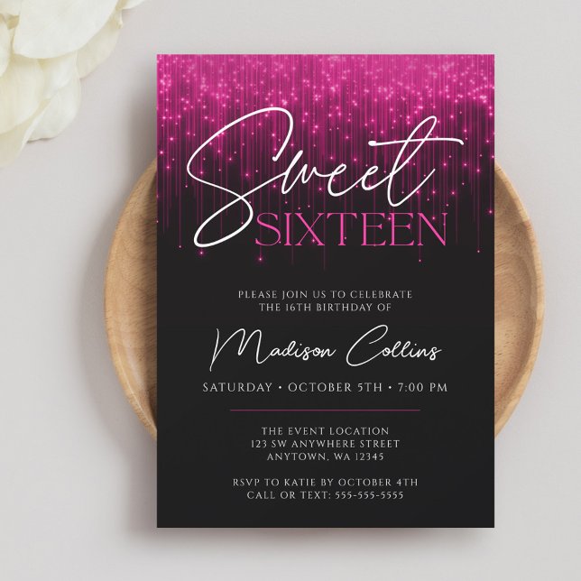 Invitación Luces Rosadas Magenta Negras Cumpleaños 16 (Subido por el creador)