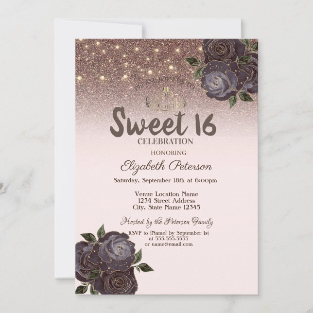 Invitación Luces, Rosas Chic Brillan Dulces 16 (Anverso)