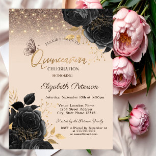 Invitación Luces, Rosas Negras Mariposas Brillantes