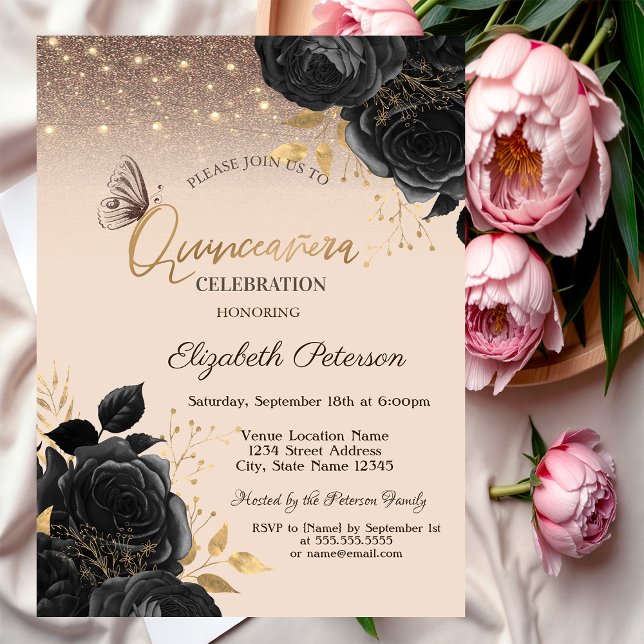 Invitación Luces, Rosas Negras Mariposas Brillantes (Subido por el creador)