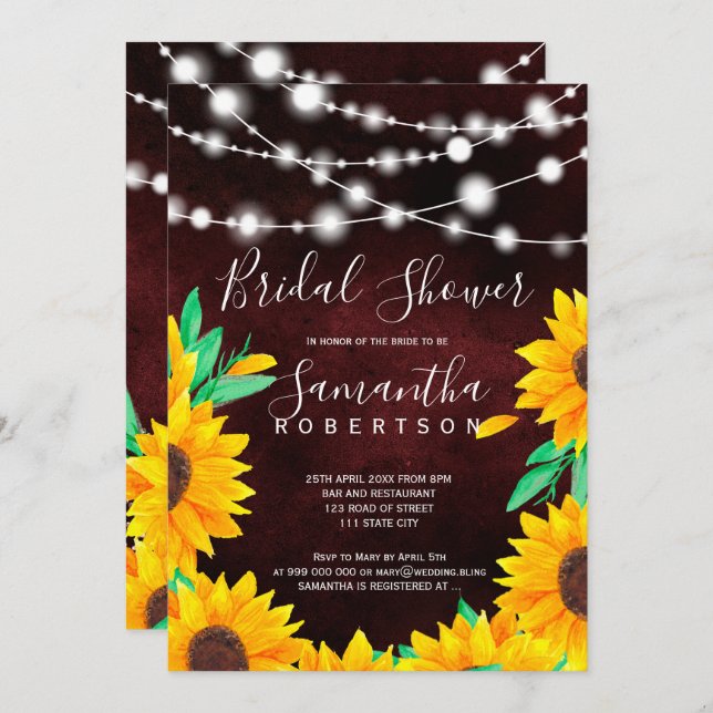 Invitación Luces ruidosas borgoñosas girasol ducha de novia (Anverso / Reverso)
