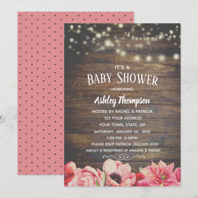 Invitación Luces rusas Baby Shower rosa y marrón (Anverso / Reverso)
