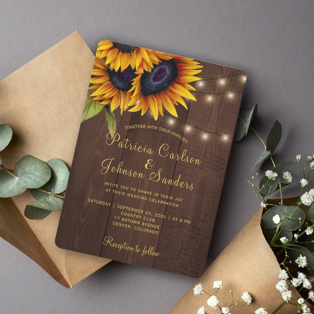 Invitación Luces rusas boda de madera de granero de girasol (Subido por el creador)