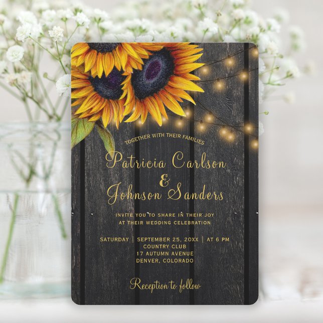 Invitación Luces rusas boda de madera de granero de girasol (Subido por el creador)