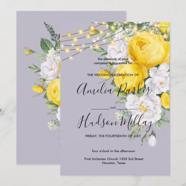 Invitación Luces rusas boda floral amarillo (Anverso / Reverso)