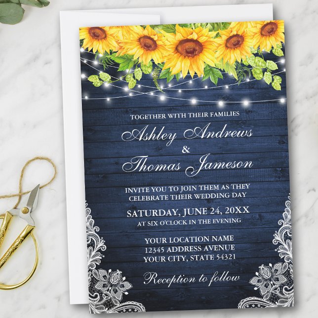 Invitación Luces Rusas De Madera Azul Floral De Sunflower Lac (Customize to add more text or photos to back of card.)