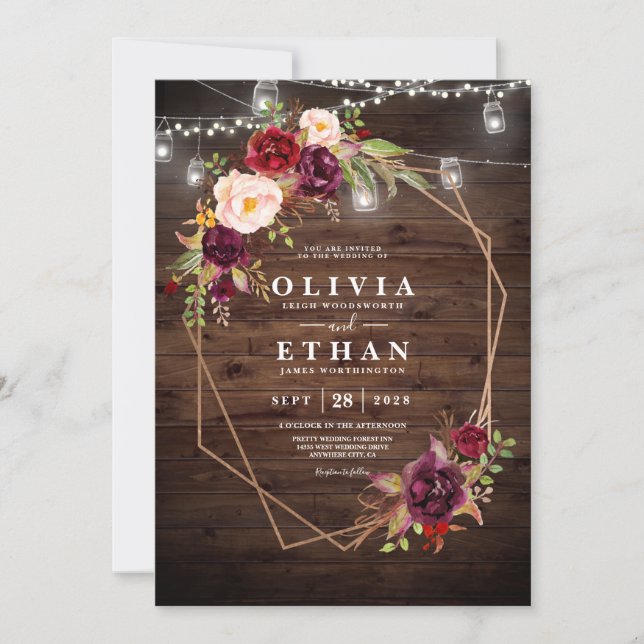 Invitación Luces rusas de madera Boda encajan floral borgoñon (Anverso)