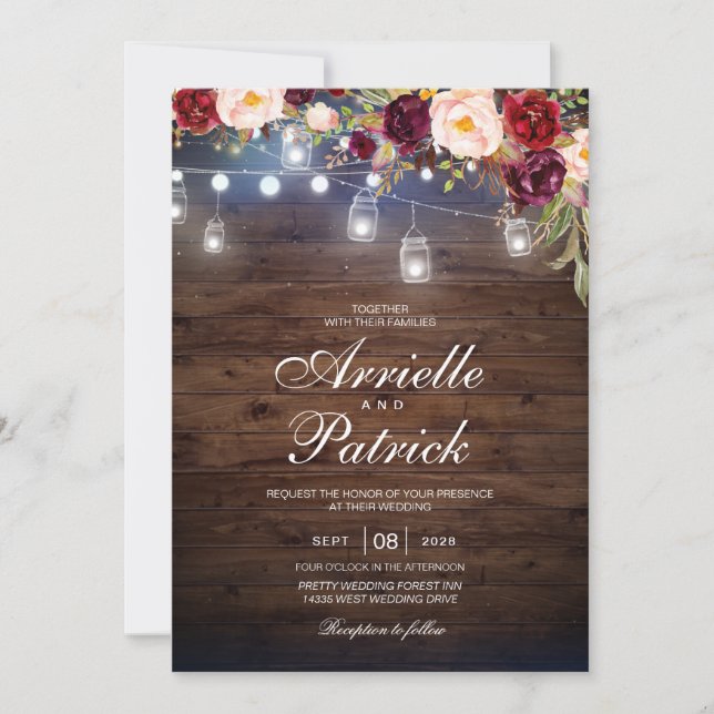 Invitación Luces rusas de madera Boda encajan floral borgoñon (Anverso)
