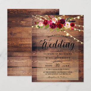 Invitación Luces rusas de madera y Boda floral de borgoña 