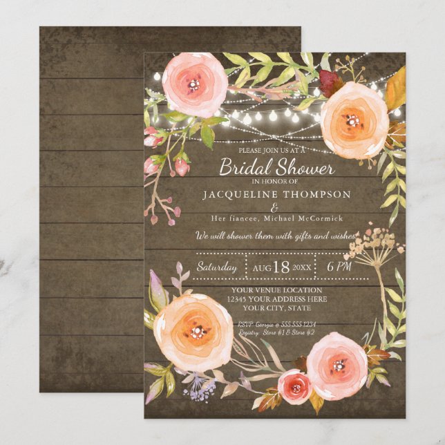 Invitación Luces rusas en la Wood Bridal Shower Floral Wreath (Anverso / Reverso)