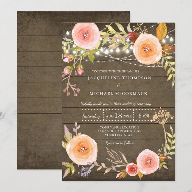 Invitación Luces rusas en la Wood Bridal Shower Floral Wreath (Anverso / Reverso)