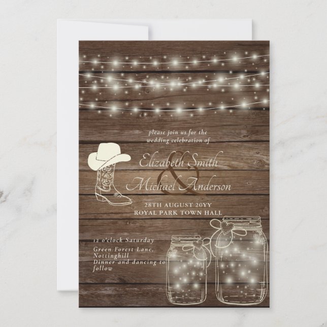 Invitación Luces rusas Mason Jars Wood Cowboy Boot Gorra (Anverso)