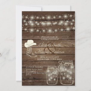 Invitación Luces rusas Mason Jars Wood Cowboy Boot Gorra