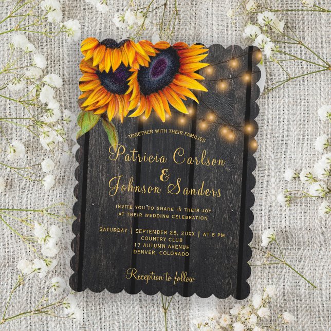 Invitación Luces rusas oro girasoles boda de madera (Subido por el creador)