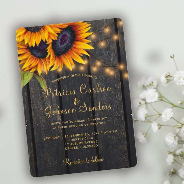 Invitación Luces rusas oro girasoles boda de madera (Subido por el creador)