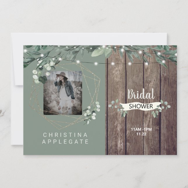 Invitación Luces rusas y ducha de novia con foto de madera (Anverso)