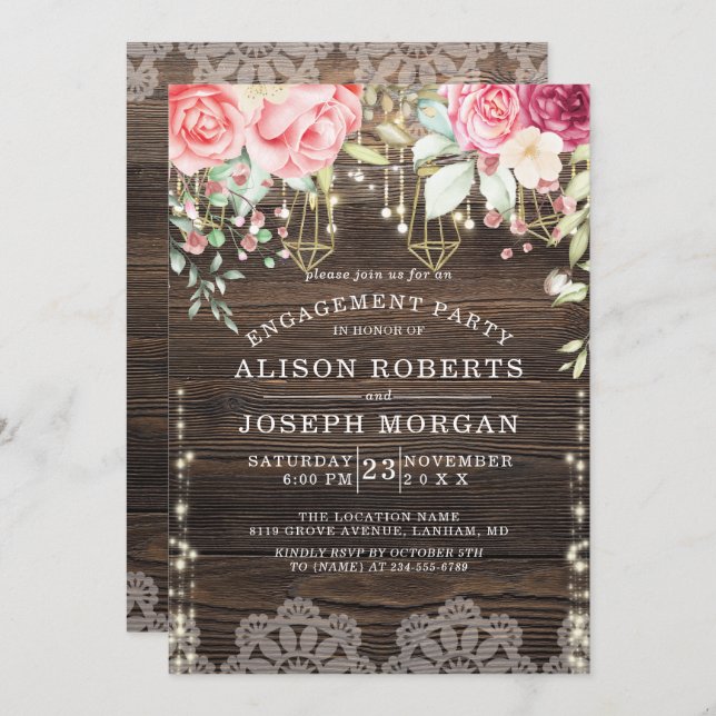 Invitación Luces Rustic Wood Floral String Engagement (Anverso / Reverso)