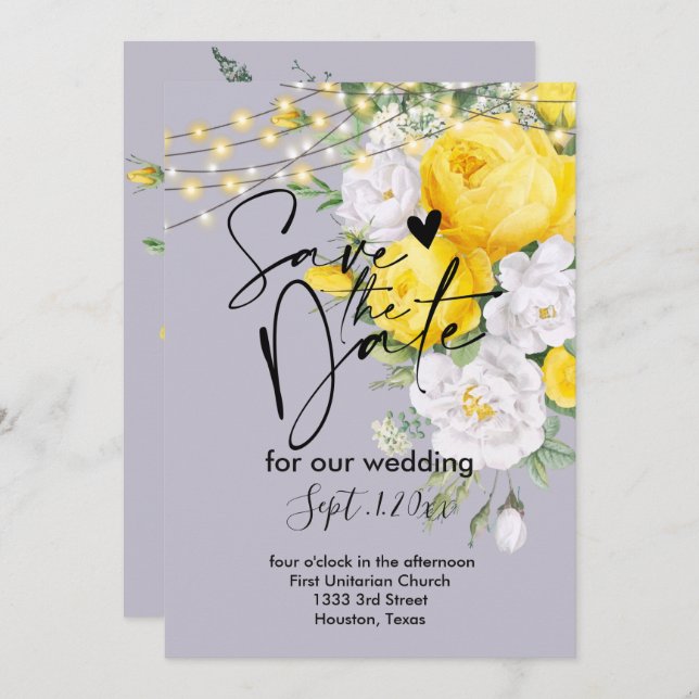 Invitación Luces rusticas Amarillo salva la fecha (Anverso / Reverso)