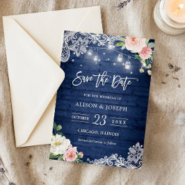 Invitación Luces Rústicas Azules en Tarros de Mason Florales 