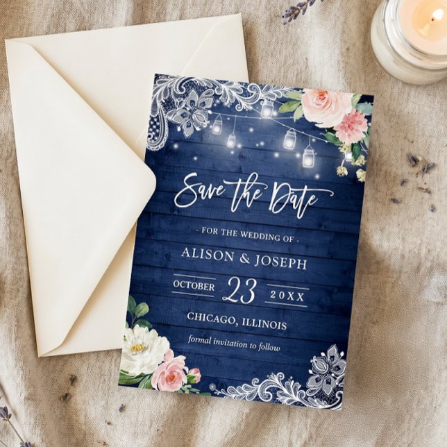 Invitación Luces Rústicas Azules en Tarros de Mason Florales  (Subido por el creador)