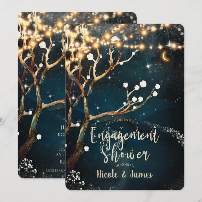 Invitación Luces Rústicas de Árbol Noche Estrellada Ducha de  (Anverso / Reverso)