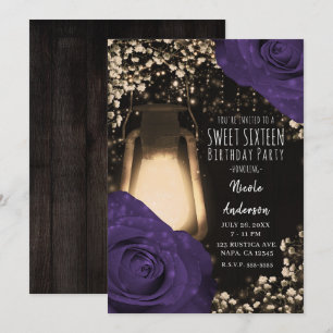 Invitación Luces Rústicas de Color Berenjena con Rosas para D
