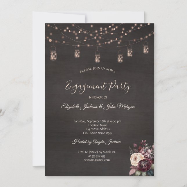 Invitación Luces Rústicas de Cuerdas Rosas en Tarro de Cement (Anverso)