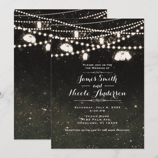 Invitación Luces rústicas de frasco de Mason con cielo noctur (Anverso / Reverso)