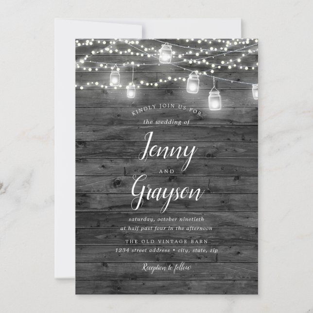 Invitación Luces Rústicas de Frasco de Mason Madera Gris Boda (Anverso)