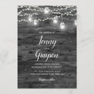 Invitación Luces Rústicas de Frasco de Mason Madera Gris Boda