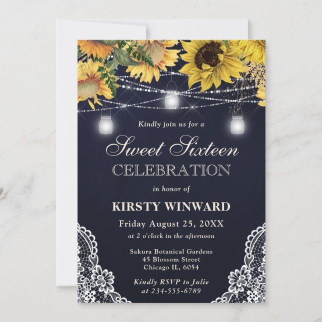 Invitación Luces Rústicas de Girasol y Frasco de Mason Cumple (Anverso)