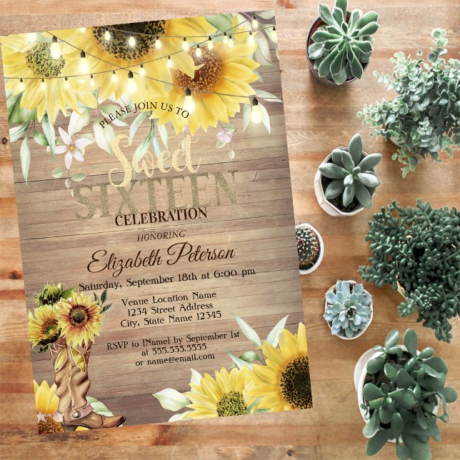 Invitación Luces Rústicas de Girasoles Dulces 16 (Subido por el creador)