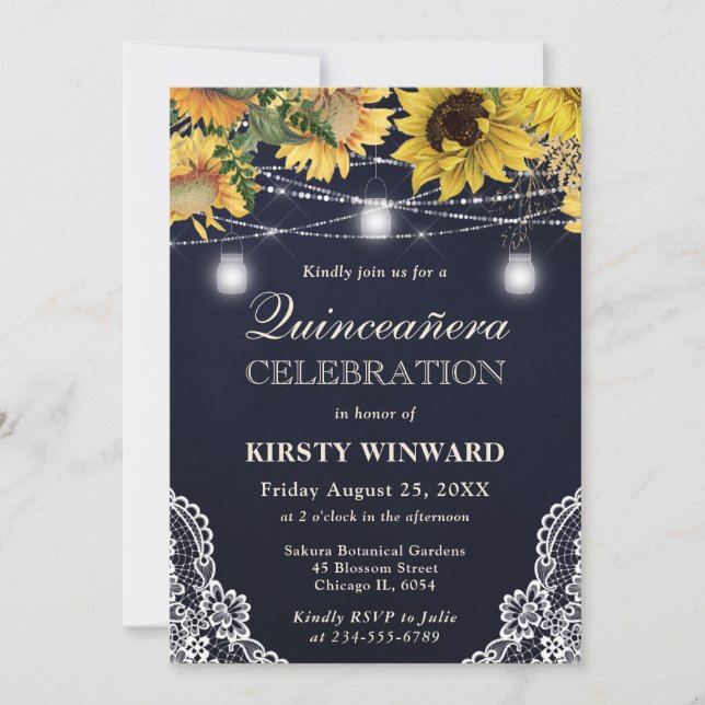 Invitación Luces Rústicas de Girasoles y Frascos de Mason par (Anverso)