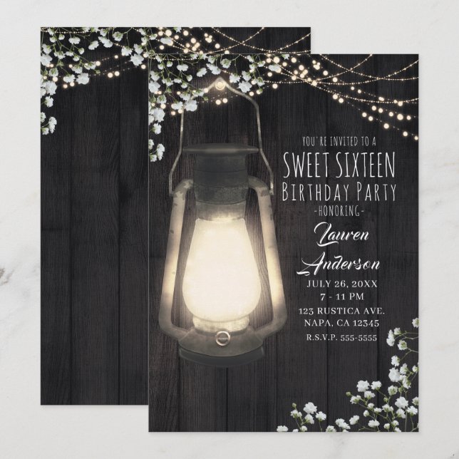 Invitación Luces Rústicas de Linterna con Aliento de Bebé par (Anverso / Reverso)