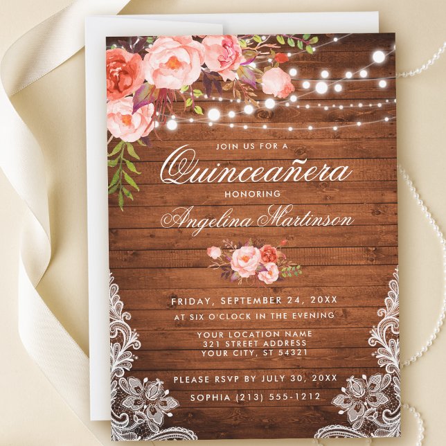 Invitación Luces Rústicas De Madera Quinceanera Lace Coral Fl (Customize to add more text or photos to back of card.)
