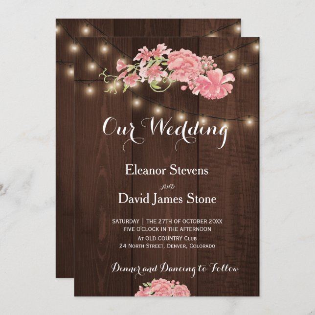 Invitación Luces rústicas de moda ruborizadas peonías boda de (Anverso / Reverso)