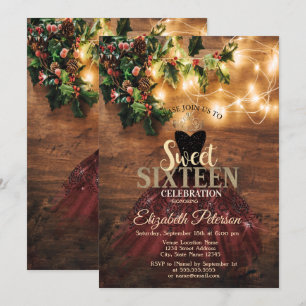 Invitación Luces rústicas de muérdago, vestido burgundy Sweet