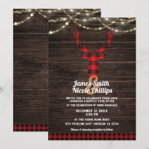 Invitación Luces Rústicas de Plaid de Ciervo con Madera y Cue