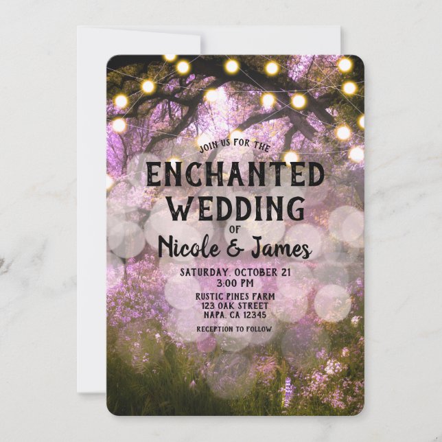 Invitación Luces Rústicas de Primavera Boda Encantada del Bos (Anverso)