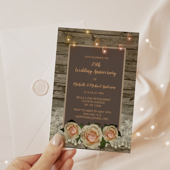 Invitación Luces Rústicas de Rosa en Encaje en Frasco de Maso (Subido por el creador)