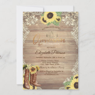 Invitación Luces rústicas, encaje, botas, girasoles Quinceañe