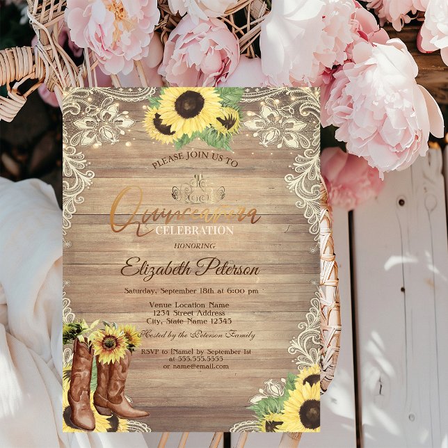 Invitación Luces rústicas, encaje, botas, girasoles Quinceañe (Subido por el creador)