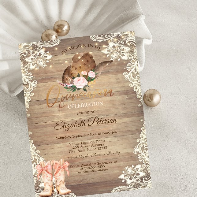 Invitación Luces rústicas encaje sombrero de vaquero botas Qu (Subido por el creador)