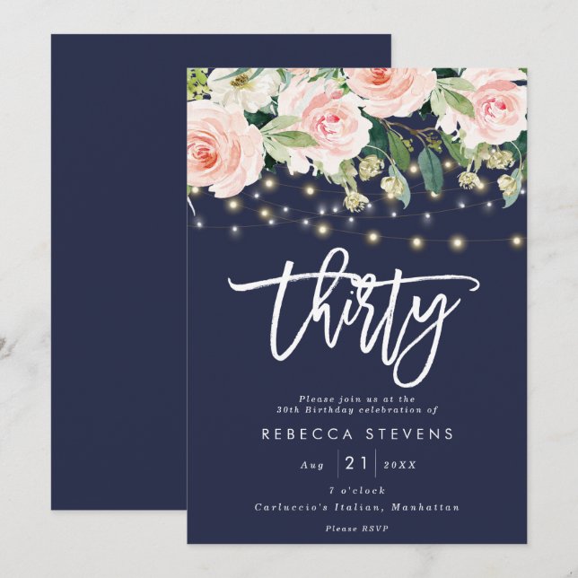 Invitación luces rústicas florales navy cumpleaños número 30 (Anverso / Reverso)