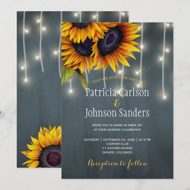 Invitación Luces rusticas girasol boda de la pizarra naval (Anverso / Reverso)
