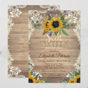 Invitación Luces Rústicas, Girasoles de Encaje Fiesta Dulces 
