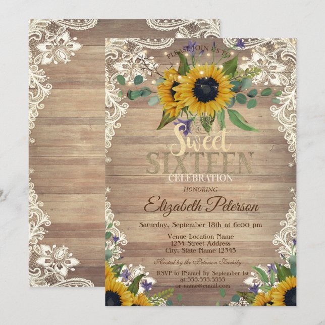 Invitación Luces Rústicas, Girasoles de Encaje Fiesta Dulces  (Anverso / Reverso)
