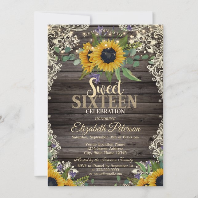 Invitación Luces Rústicas, Girasoles de Encaje Madera Oscura  (Anverso)