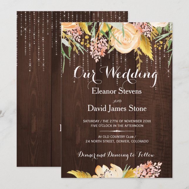 Invitación Luces rusticas granero boda floral botánico de mad (Anverso / Reverso)